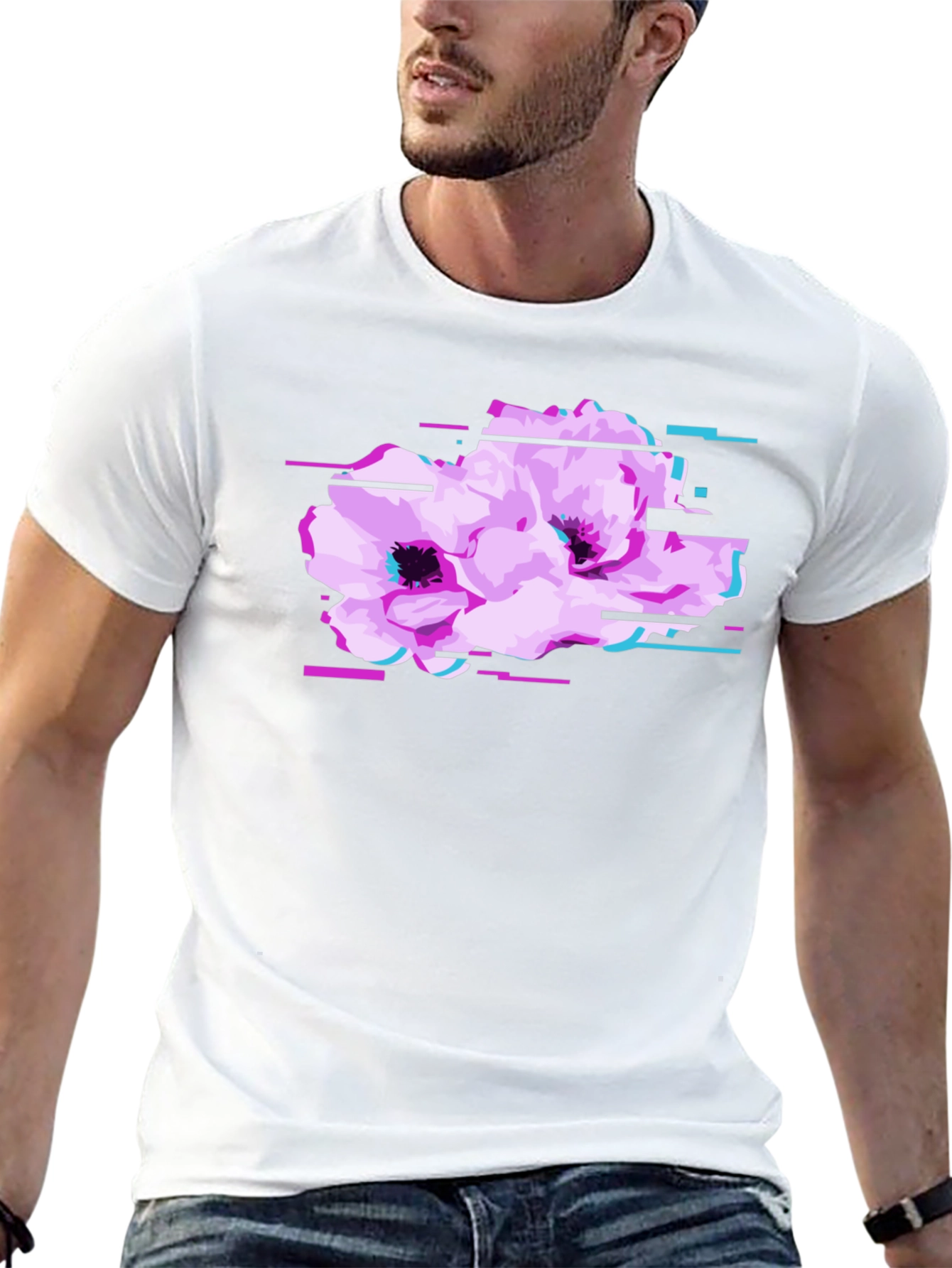 Black T-Shirt with Floral Glitch Graphic