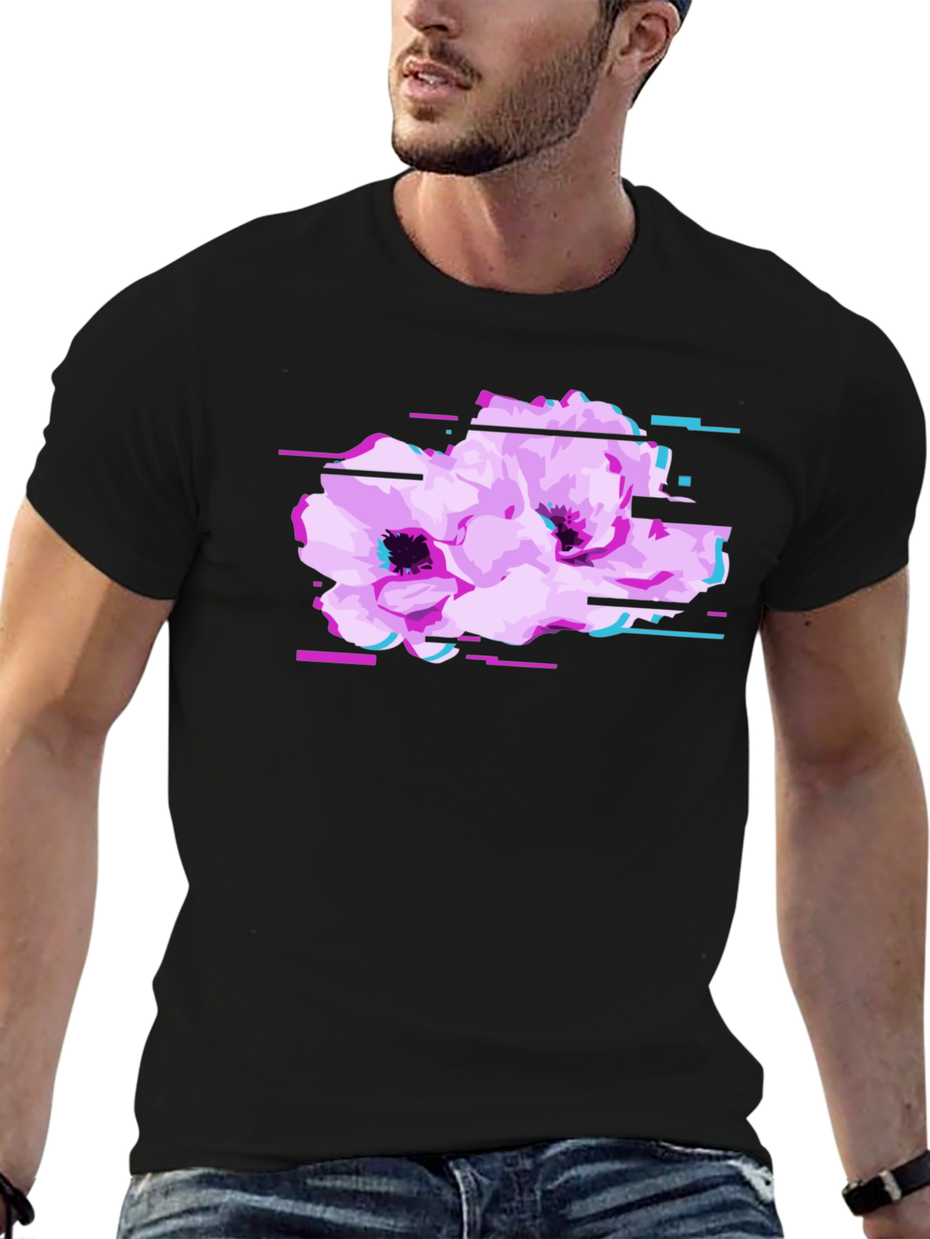 Black T-Shirt with Floral Glitch Graphic