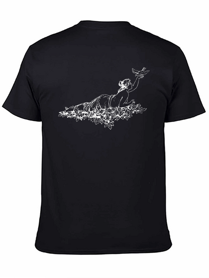 Elegant Black Tee with Woman & Bird Graphic