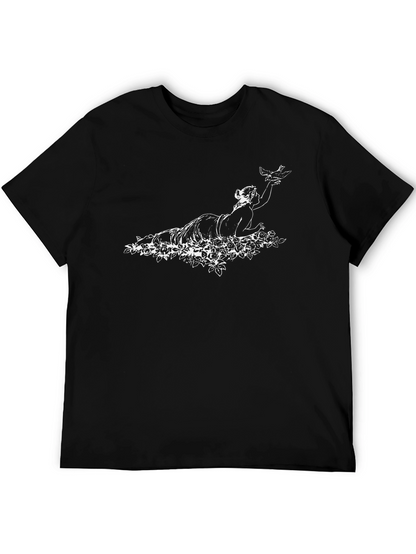 Elegant Black Tee with Woman & Bird Graphic