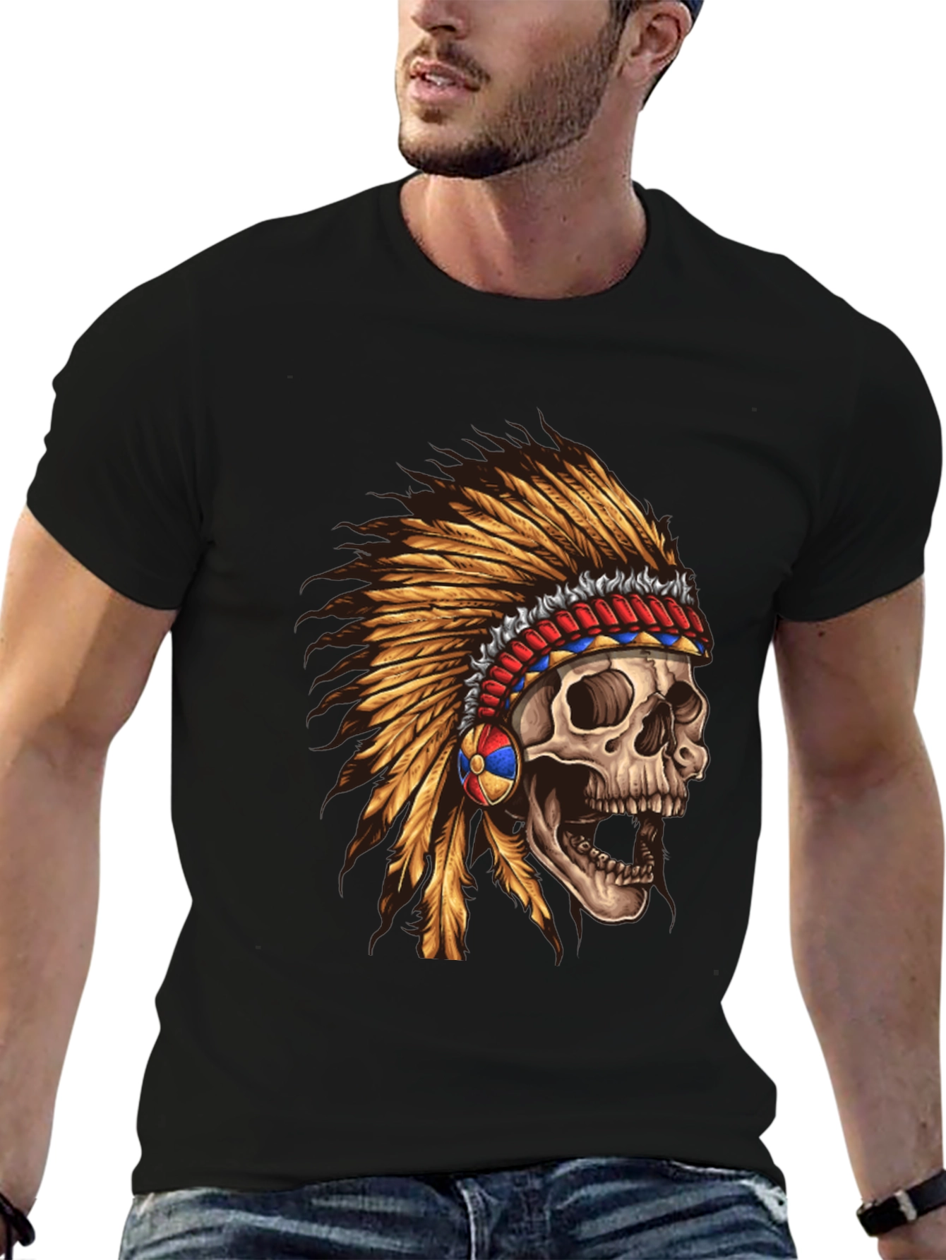 Skull Chief T-Shirt - Native American Headdress Design