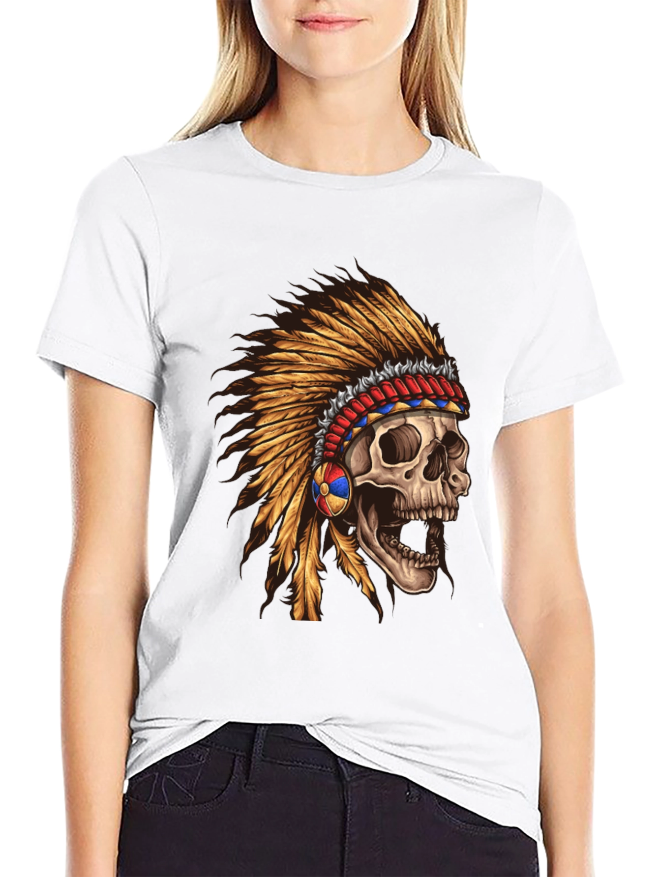 Skull Chief T-Shirt - Native American Headdress Design