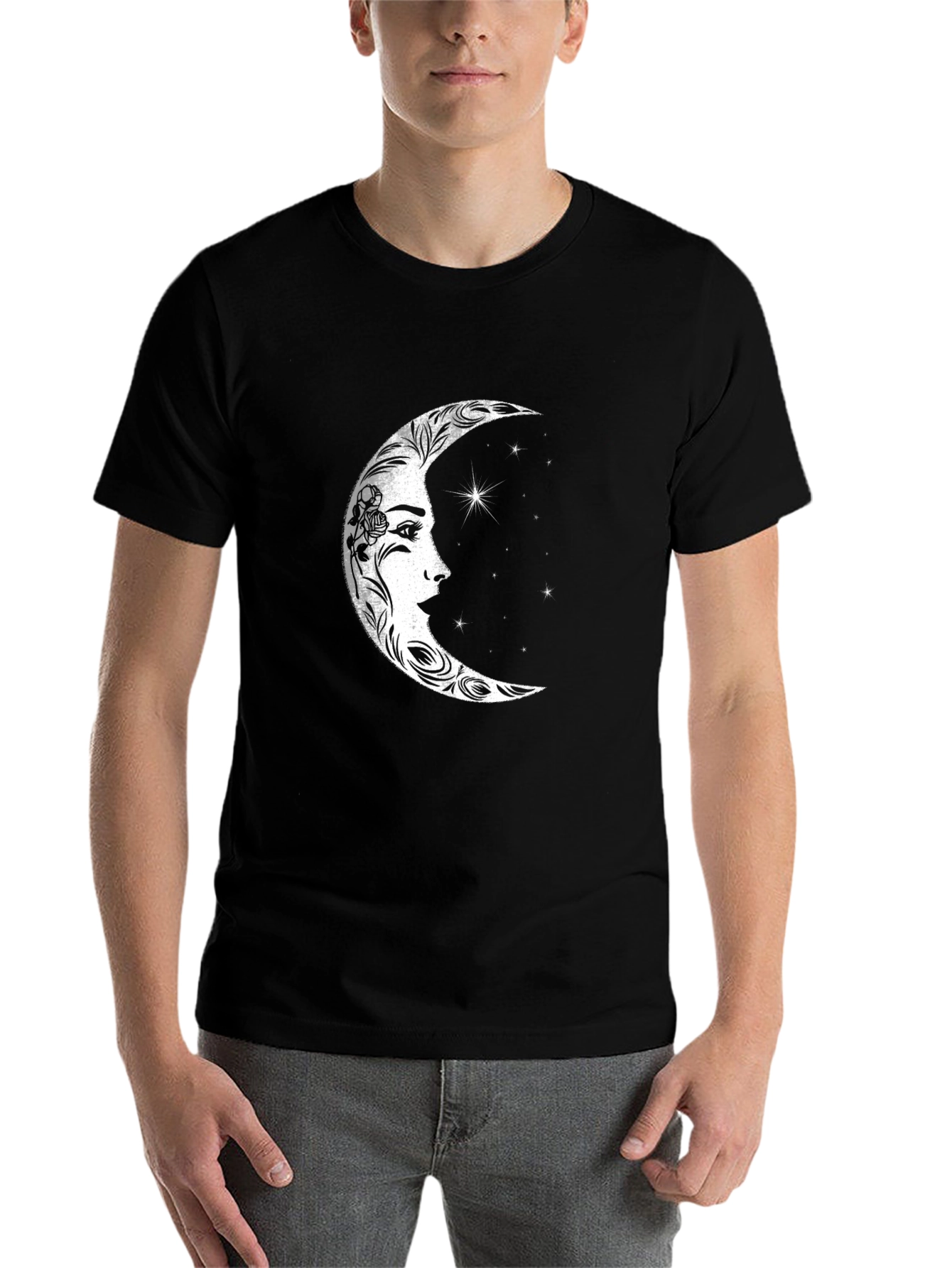 Celestial Moon Face Graphic Tee - Black