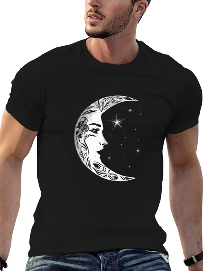 Celestial Moon Face Graphic Tee - Black