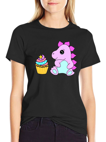 Cute Dino & Cupcake Black T-Shirt