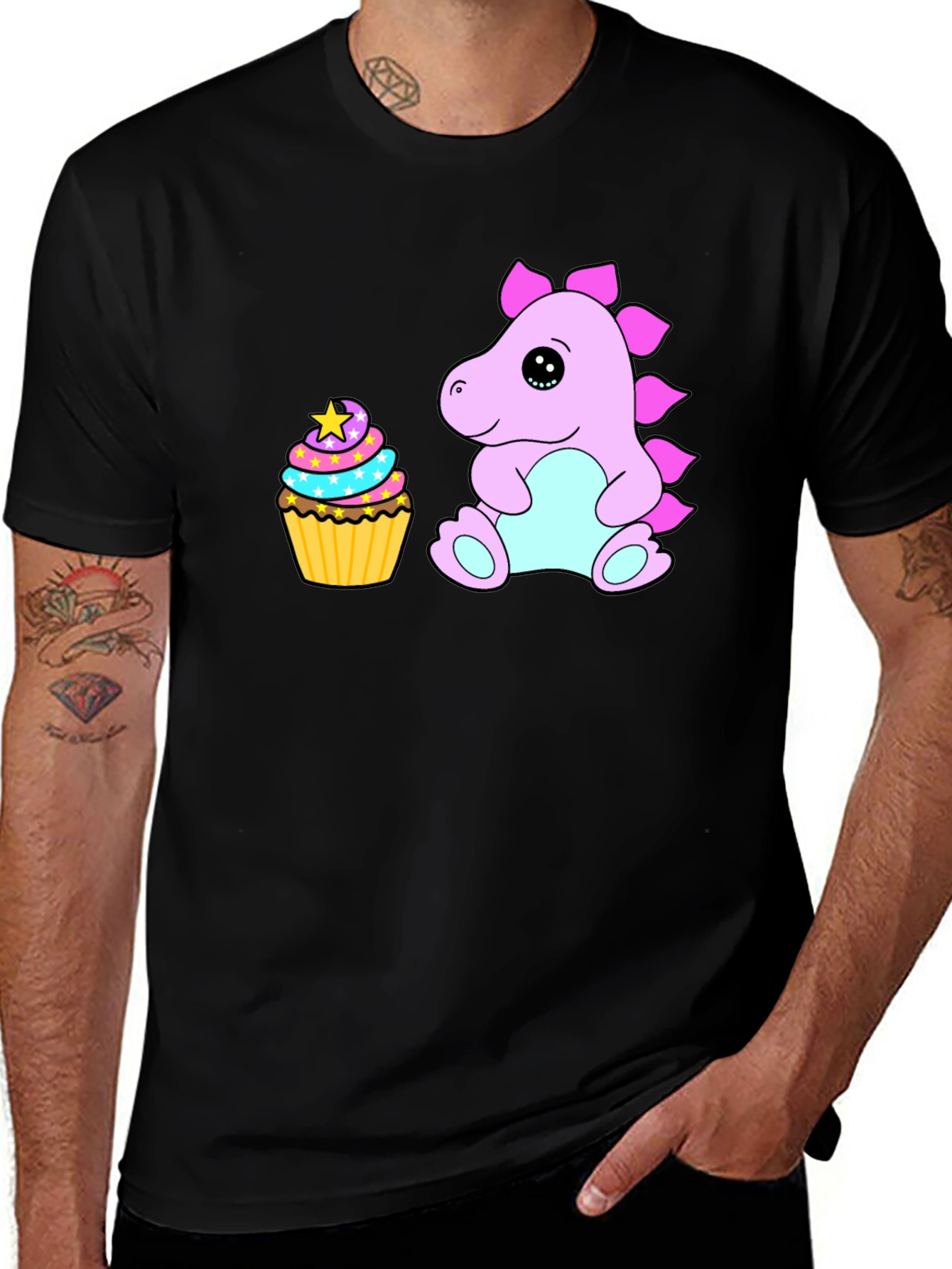 Cute Dino & Cupcake Black T-Shirt