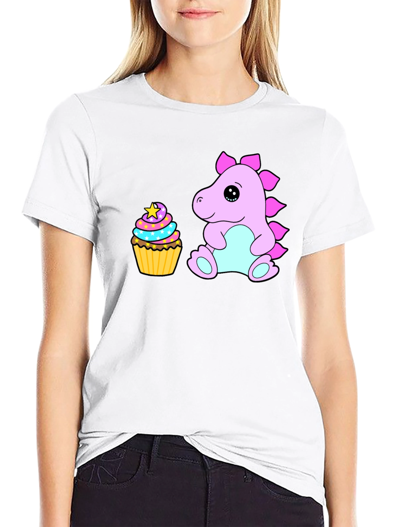 Cute Dino & Cupcake Black T-Shirt