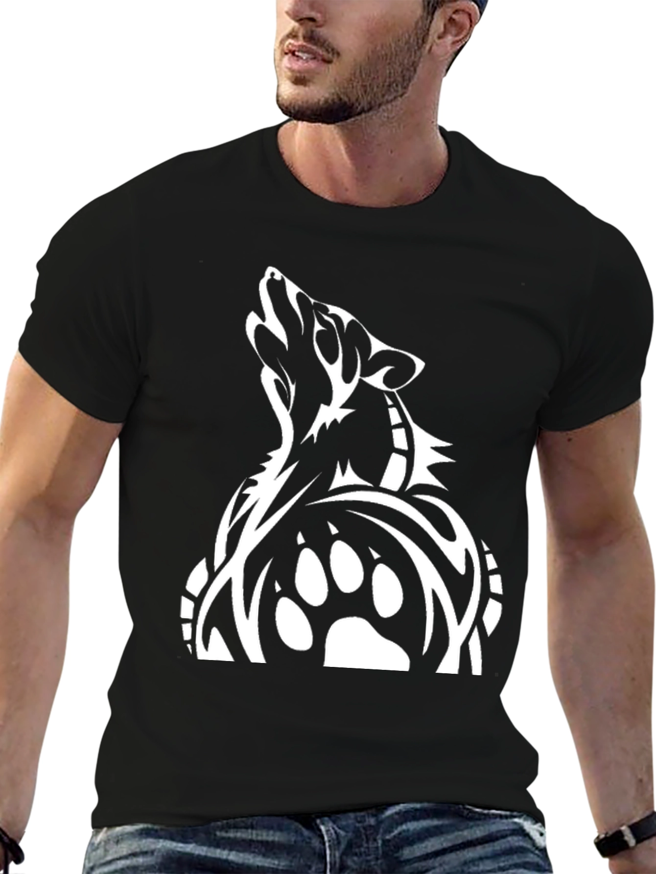 Tribal Wolf Graphic Tee - Black Cotton T-Shirt