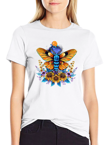 Moth & Floral Print Black T-Shirt