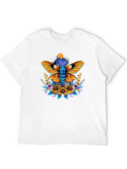 Moth & Floral Print Black T-Shirt