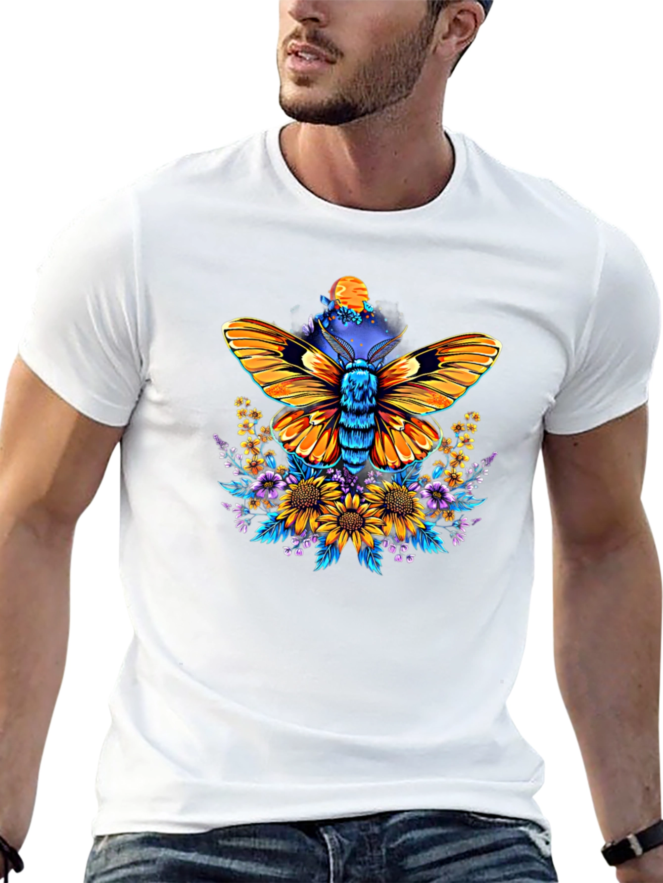 Moth & Floral Print Black T-Shirt