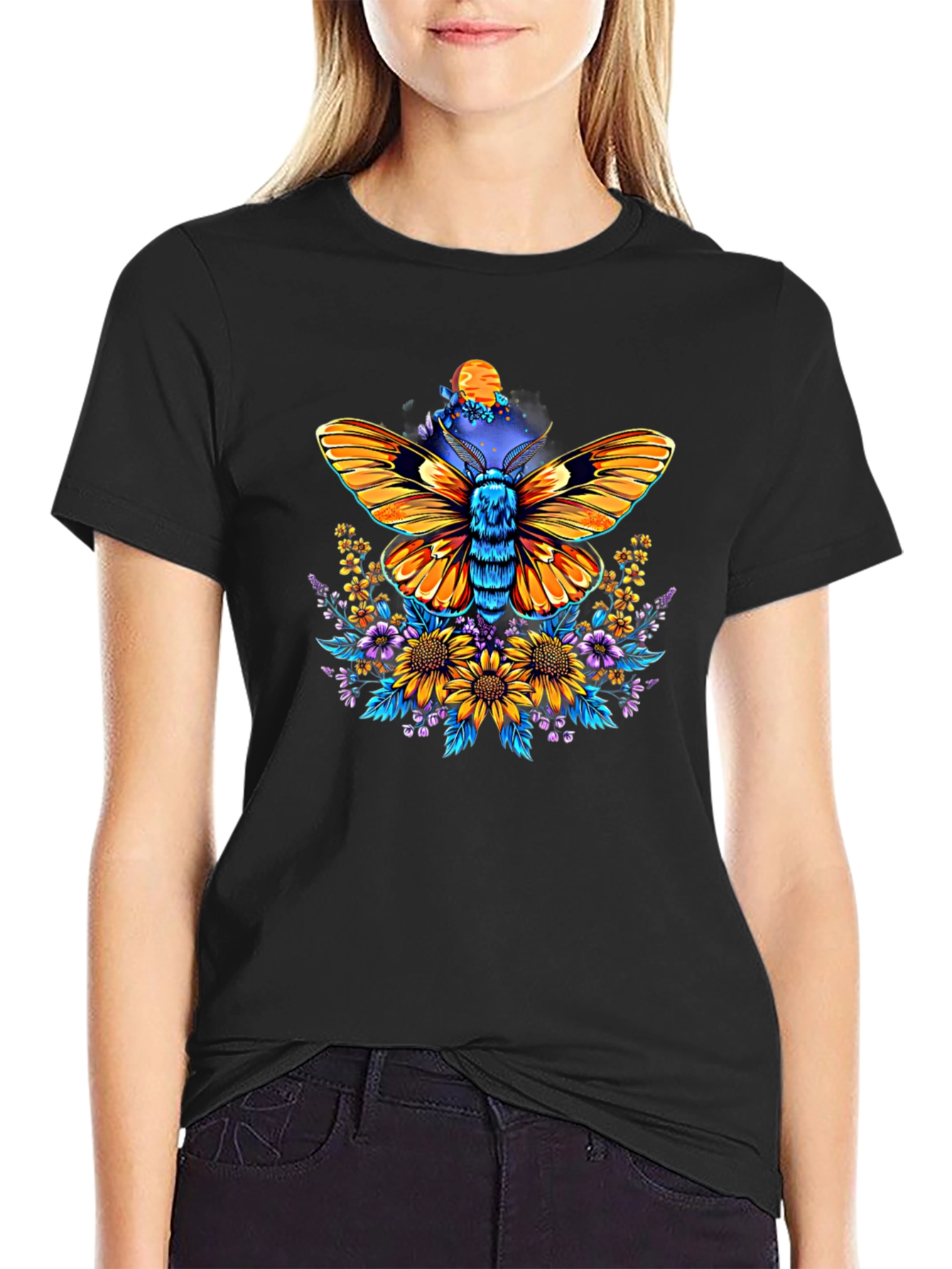 Moth & Floral Print Black T-Shirt