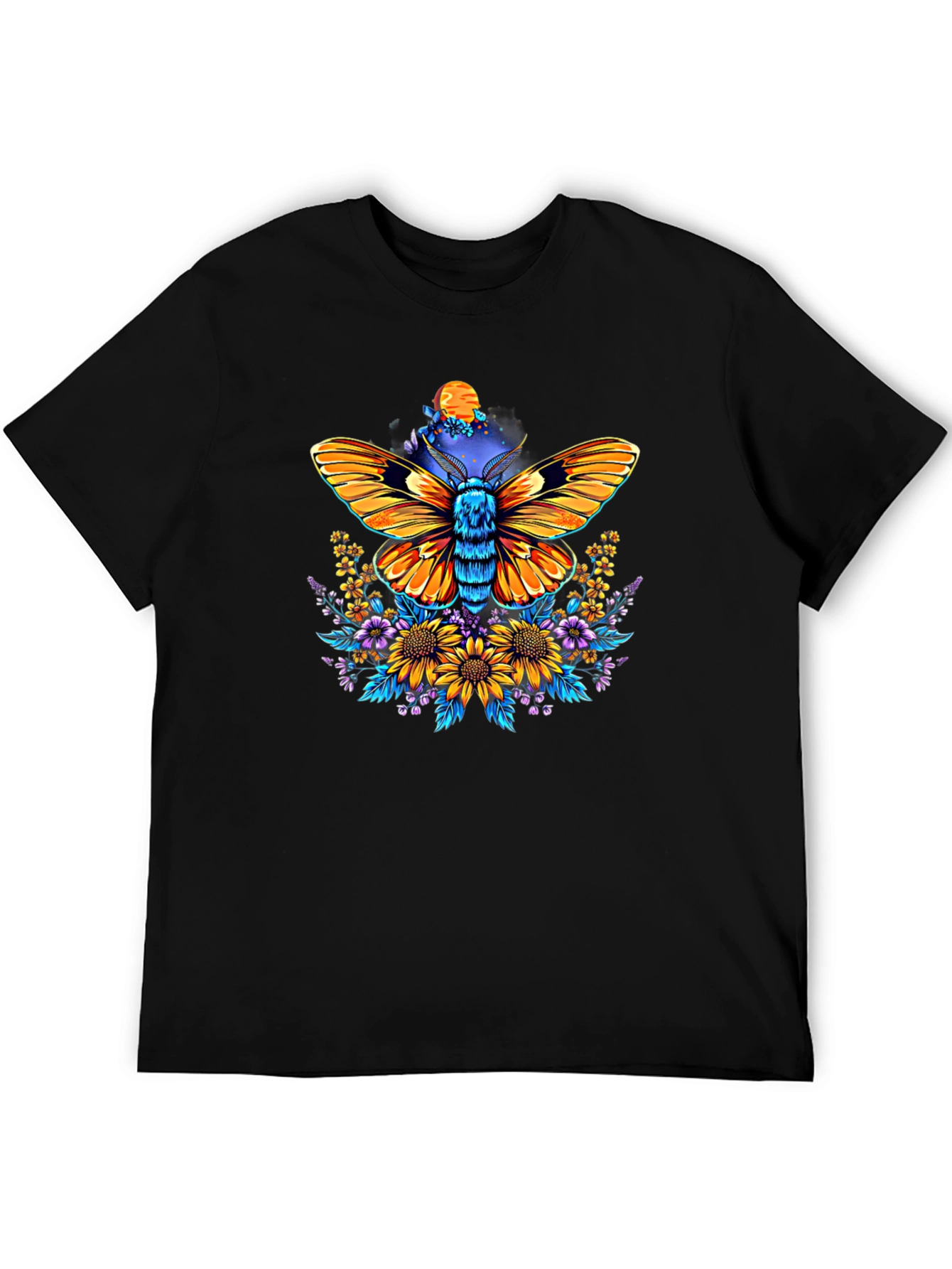 Moth & Floral Print Black T-Shirt