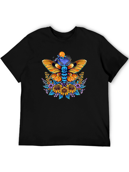 Moth & Floral Print Black T-Shirt