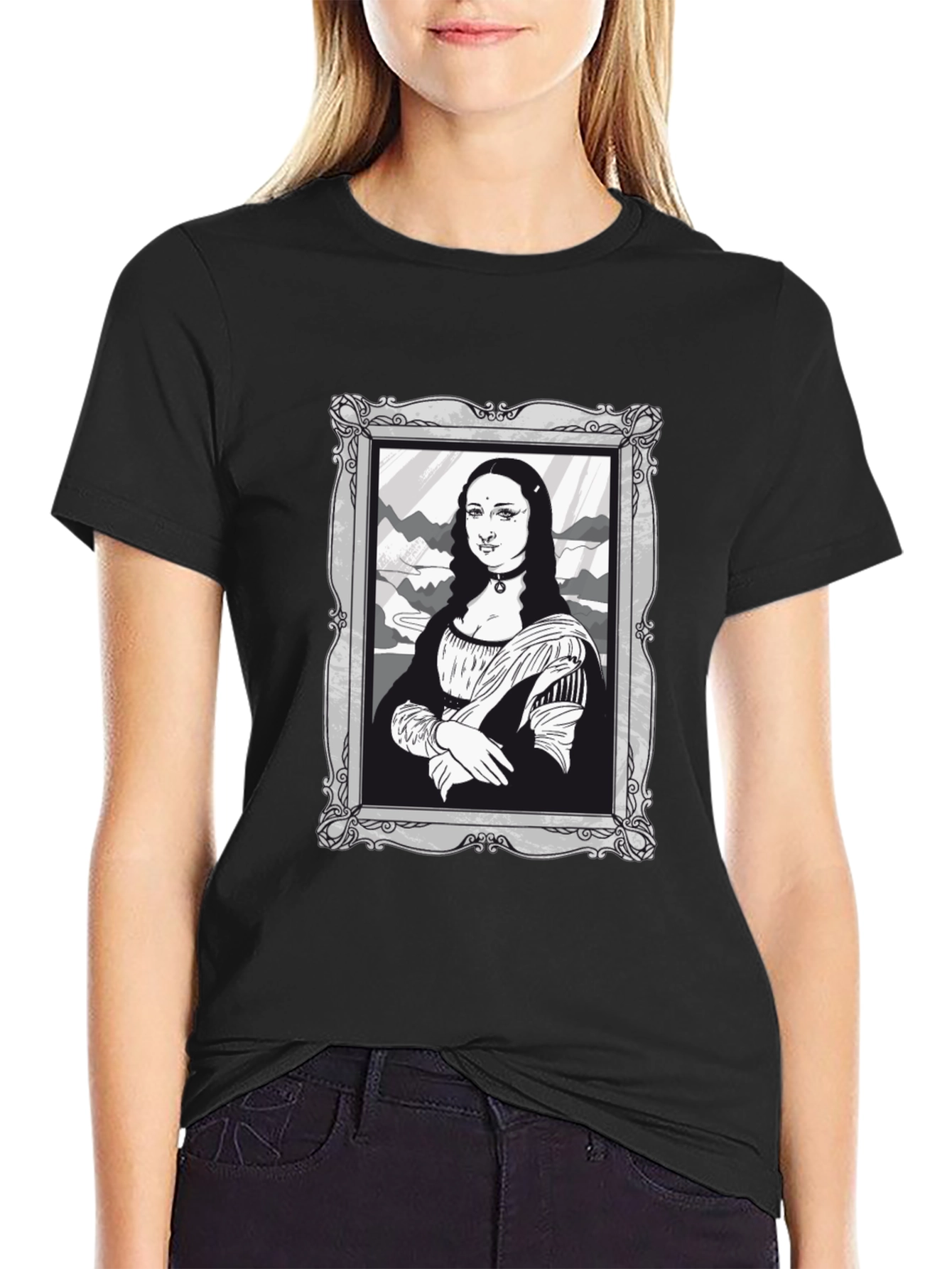 Mona Lisa Graphic Tee - Black Cotton Novelty Shirt