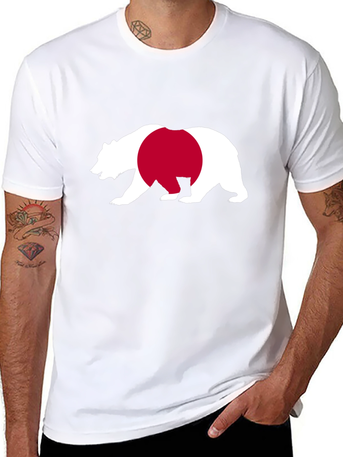 Bear Japan Flag Graphic Tee - Black Cotton Shirt