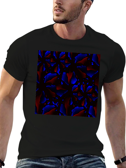 Abstract Red and Blue Patterned Black T-Shirt